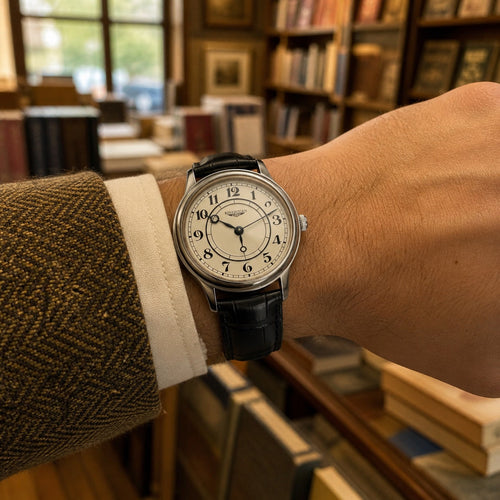 BINIHUAN retro cream dial watch in bookstore setting