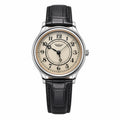 BINIHUAN retro quartz watch with cream dial, silver case and black leather strap