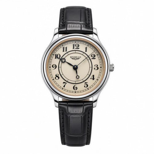 BINIHUAN retro quartz watch with cream dial, silver case and black leather strap