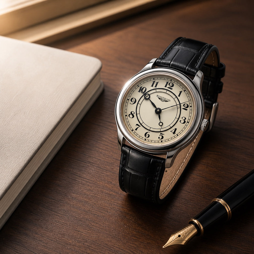 BINIHUAN retro cream dial watch on walnut desk