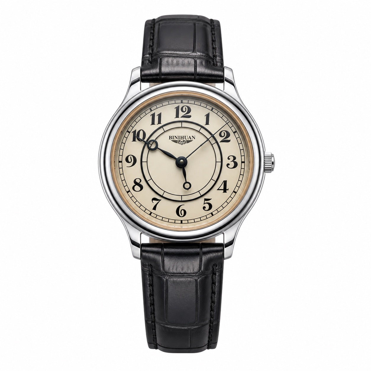 BINIHUAN retro cream dial quartz watch on white background