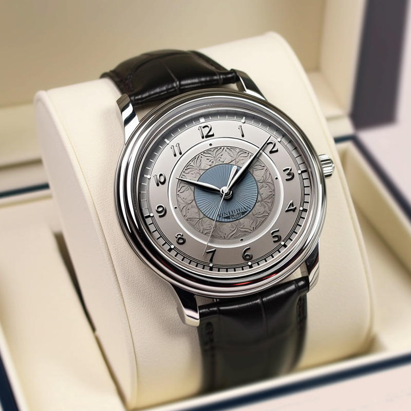 AWC ornate gray and blue quartz watch alternate front view