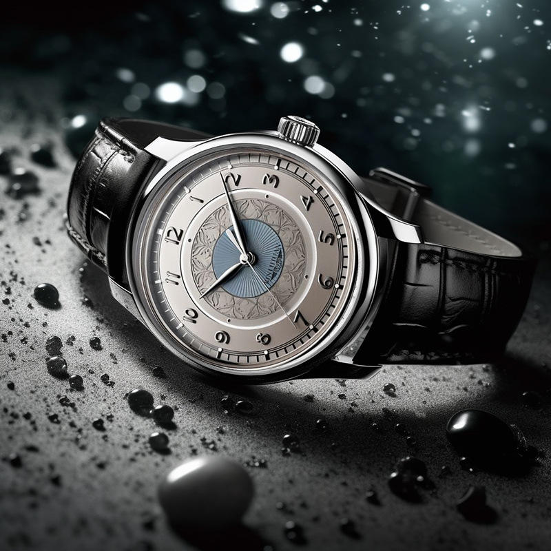 AWC silver-tone ornate quartz watch with black leather strap