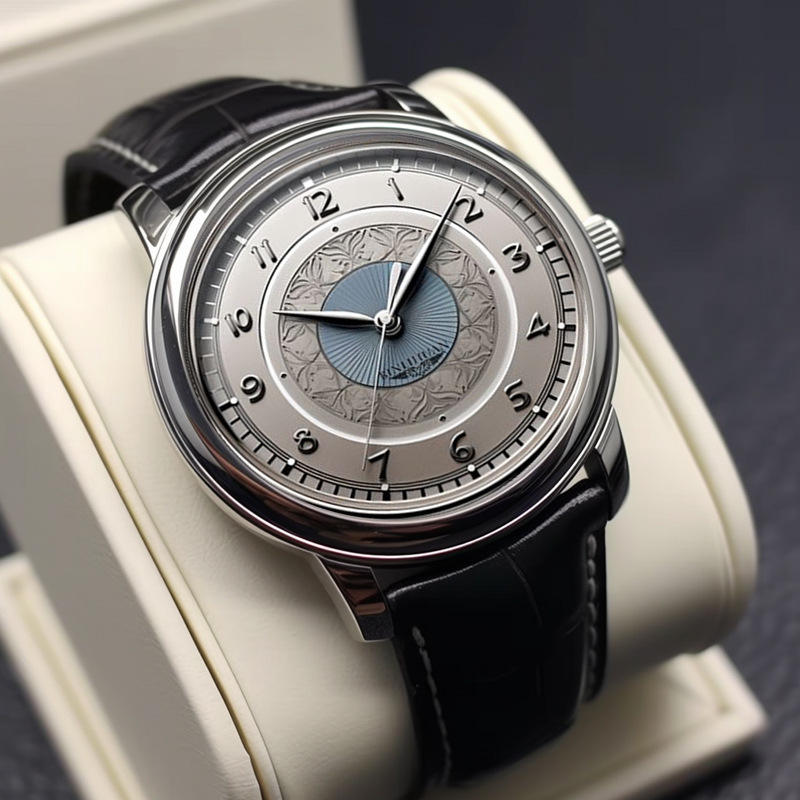 AWC ornate gray and blue quartz watch on cream display cushion