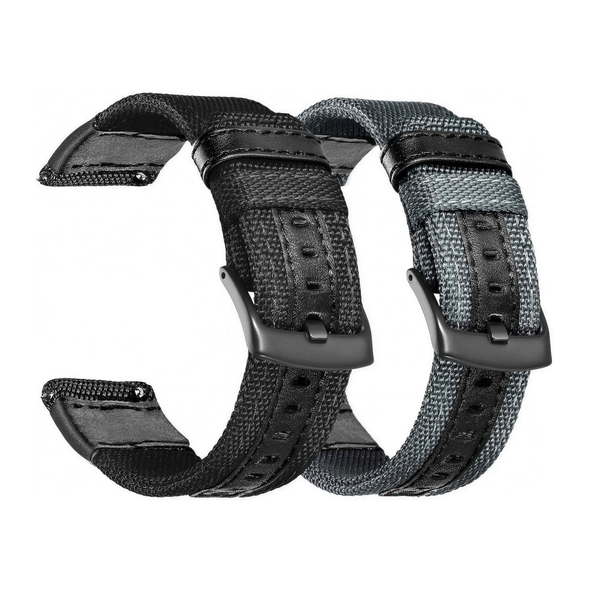 Black-center sailcloth quick-release watch straps in black and grey