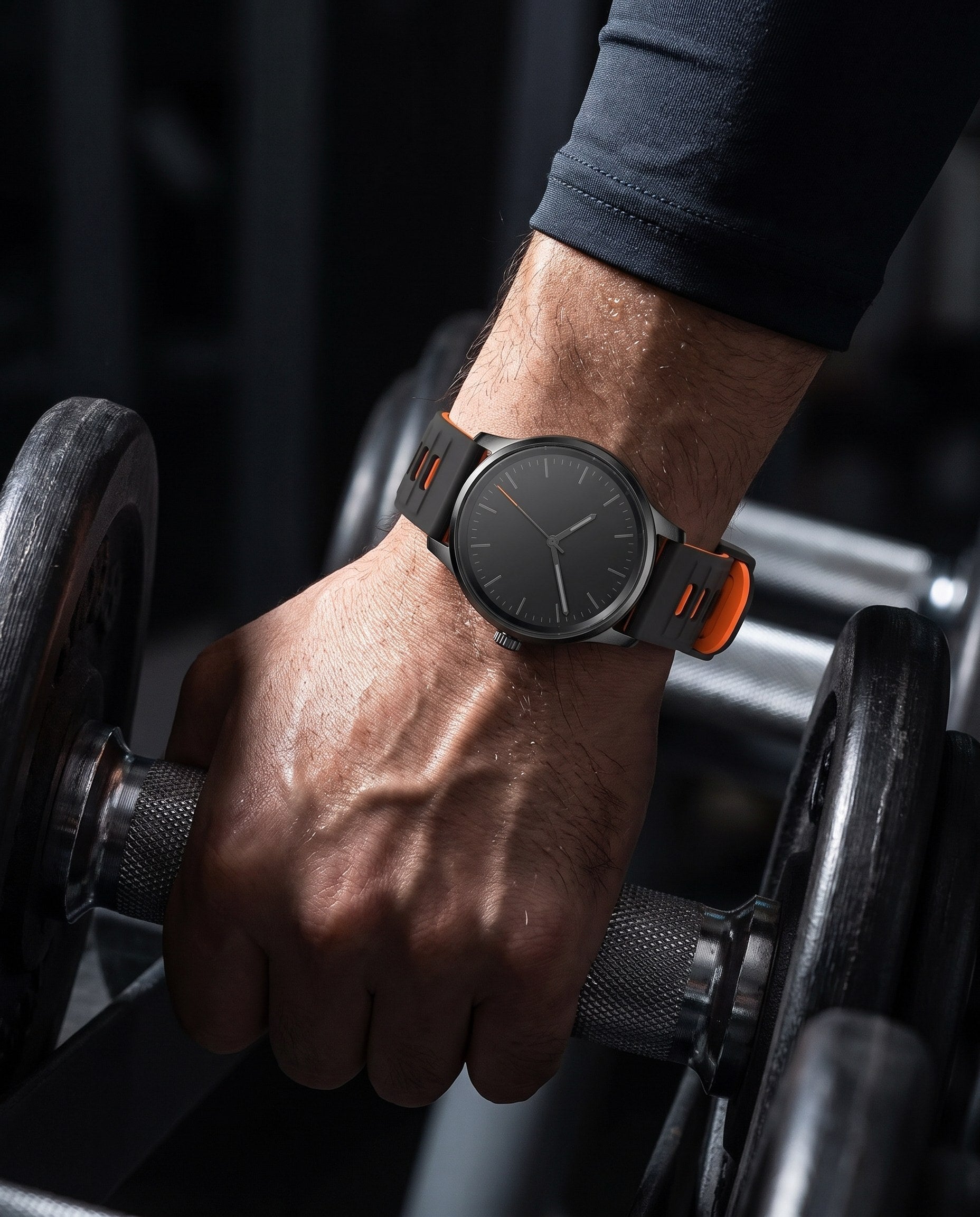 Black and orange two-tone silicone quick-release watch strap on a watch in a gym setting