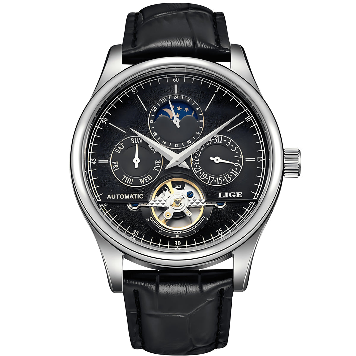 LIGE LG6826 silver case black dial black leather strap