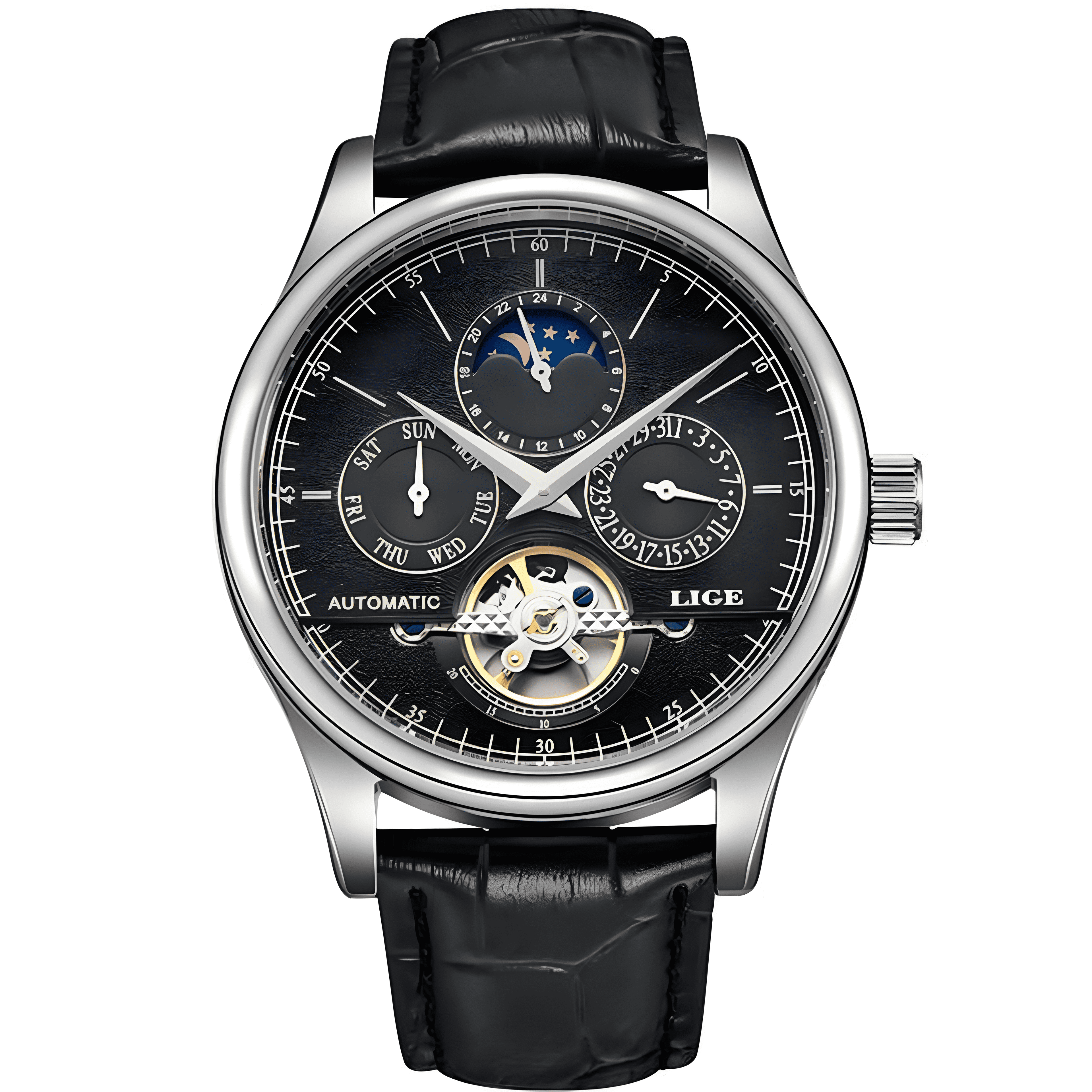 LIGE LG6826 silver case black dial black leather strap