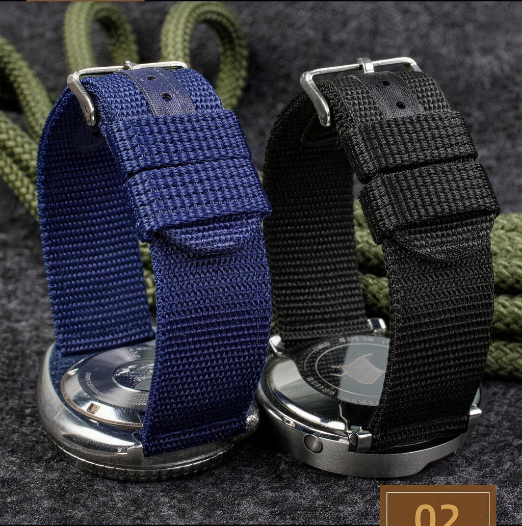 Blue UPro Classic Ballistic Nylon watch strap showing the leather-backed punched tail