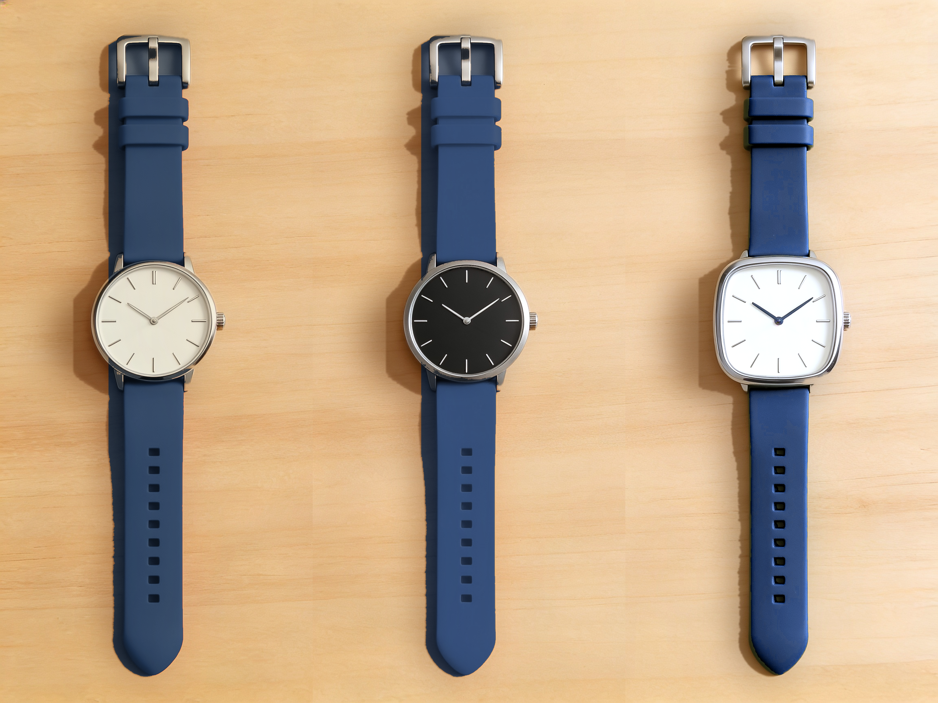 [BLUE3f] Blue 20mm solid-color silicone quick-release strap shown on three watch styles, flat lay