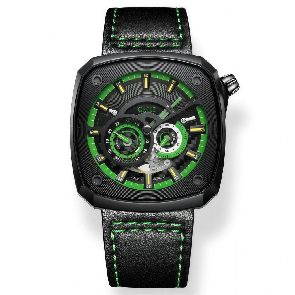Bonest Gatti BG6601 green skeleton automatic watch, 45mm, black leather strap