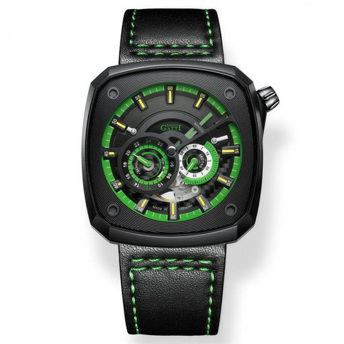 Bonest Gatti BG6601 green skeleton automatic watch, 45mm, black leather strap