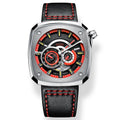 Bonest Gatti BG6601 skeleton automatic watch, steel case with red dial ring on black leather strap with red stitching