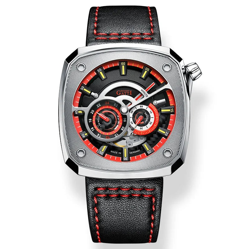 Bonest Gatti BG6601 skeleton automatic watch, steel case with red dial ring on black leather strap with red stitching