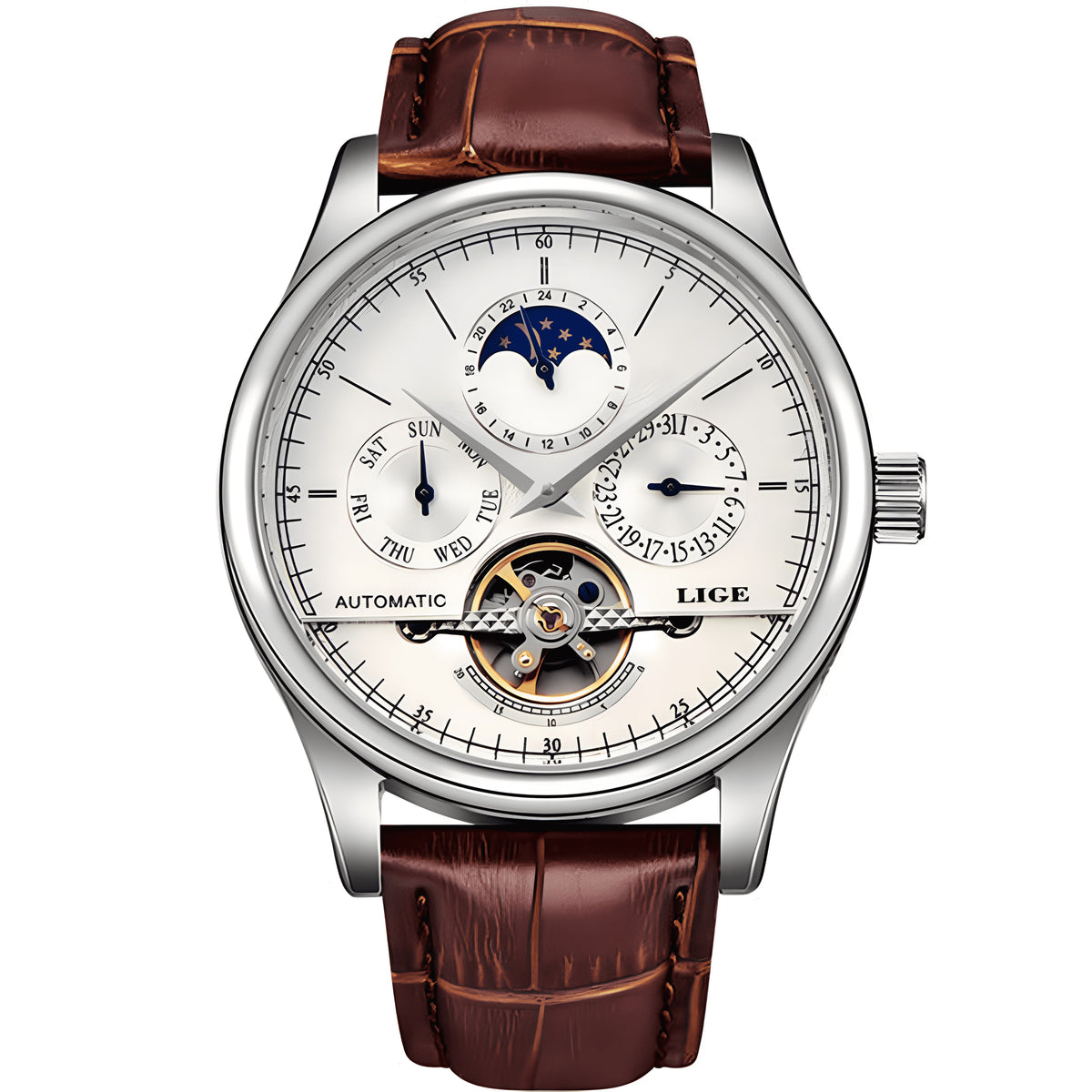LIGE LG6826 silver case white dial brown leather strap