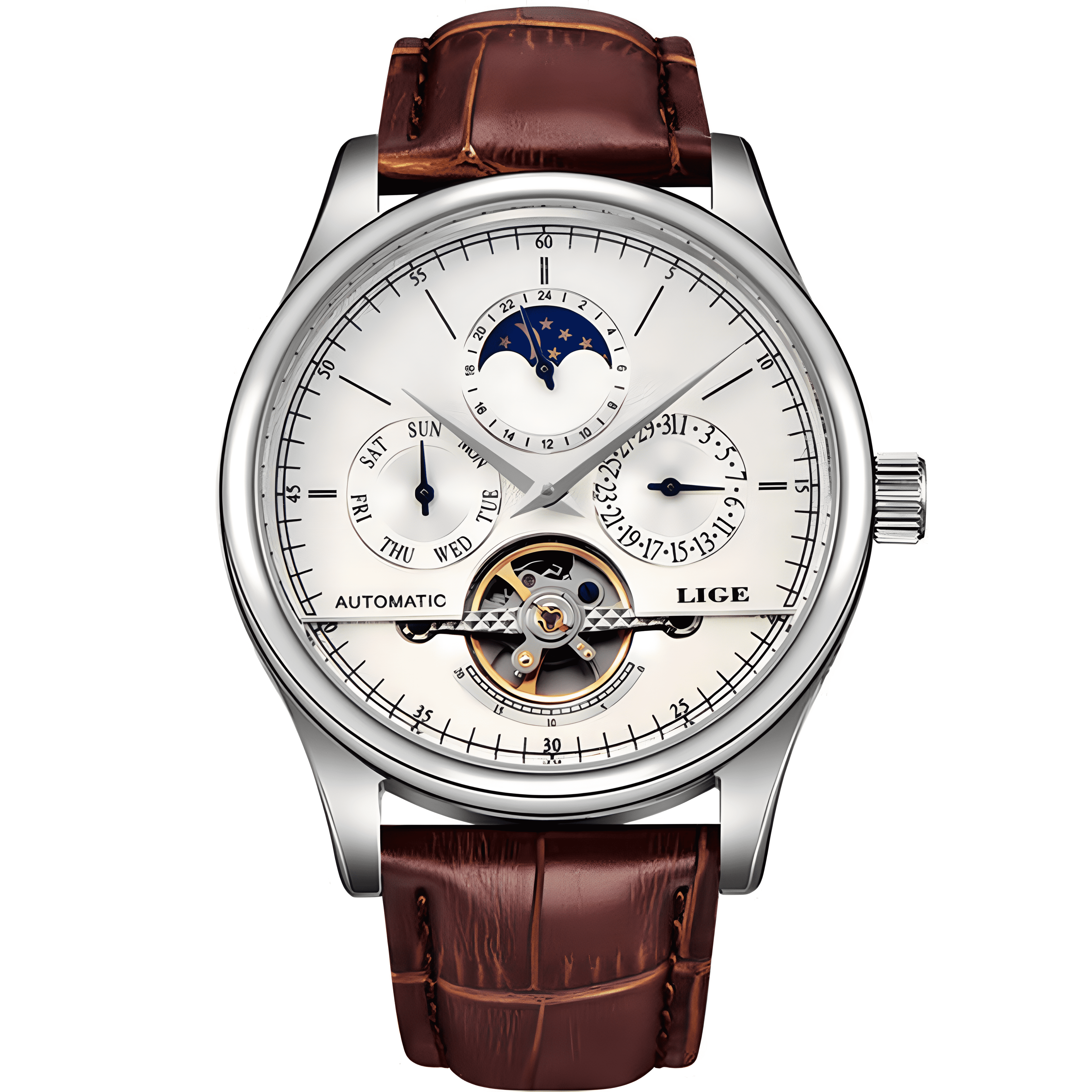 LIGE LG6826 silver case white dial brown leather strap