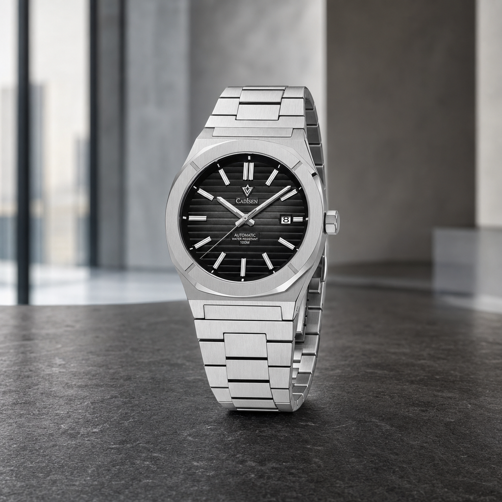 CADISEN C8200 integrated-bracelet automatic watch in a modern office setting