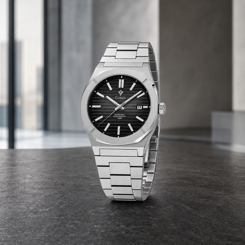 CADISEN C8200 integrated-bracelet automatic watch in a modern office setting