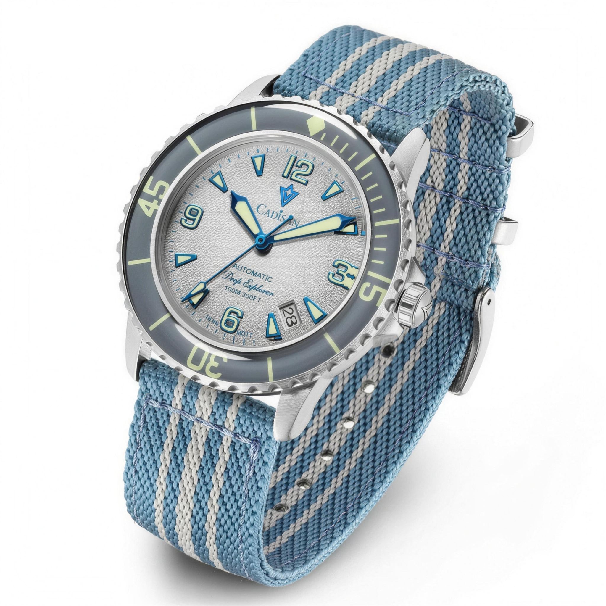 CADISEN dive automatic watch 42mm, white dial and light blue nylon strap