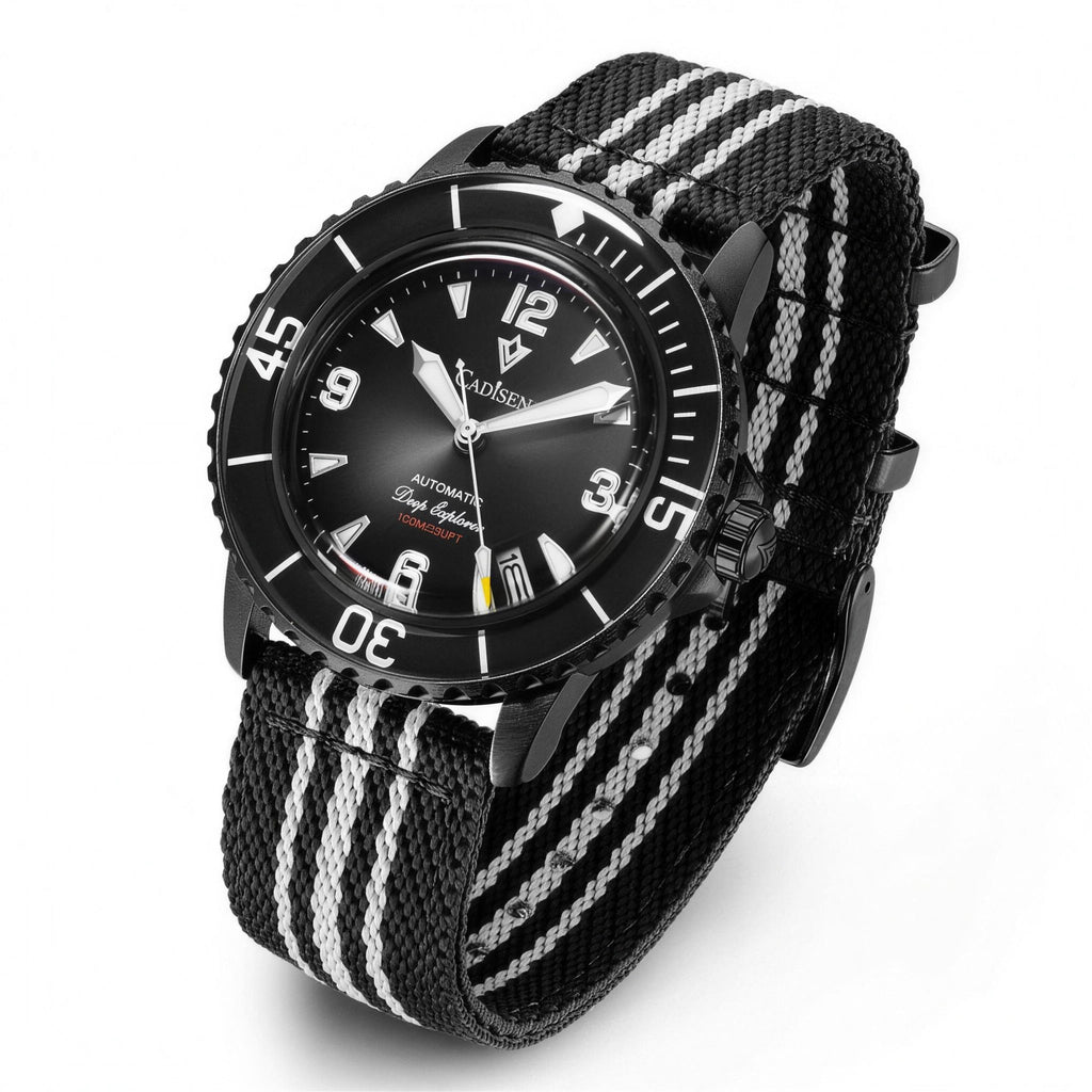 CADISEN dive automatic watch 42mm, black dial and black nylon strap