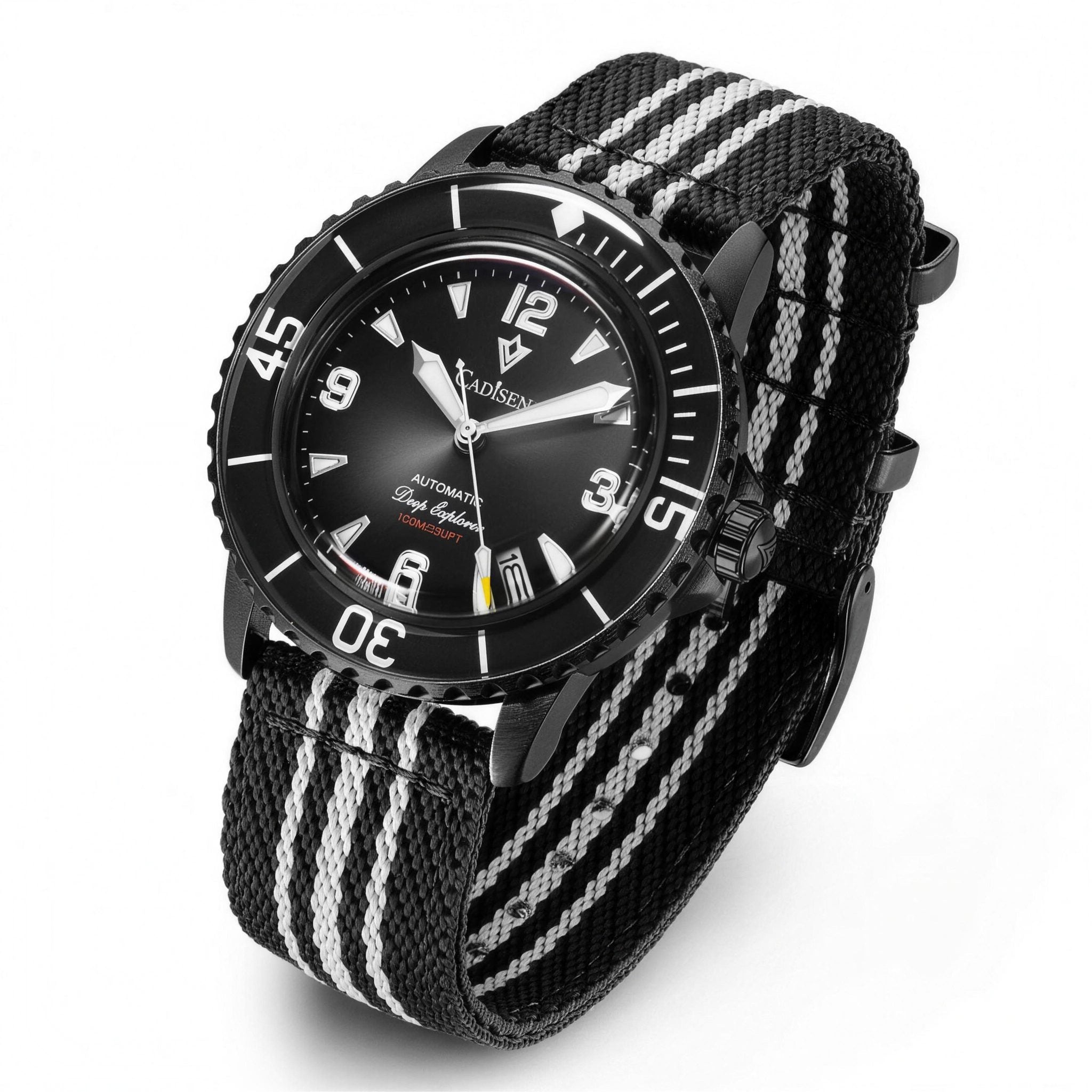 CADISEN dive automatic watch 42mm, black dial and black nylon strap