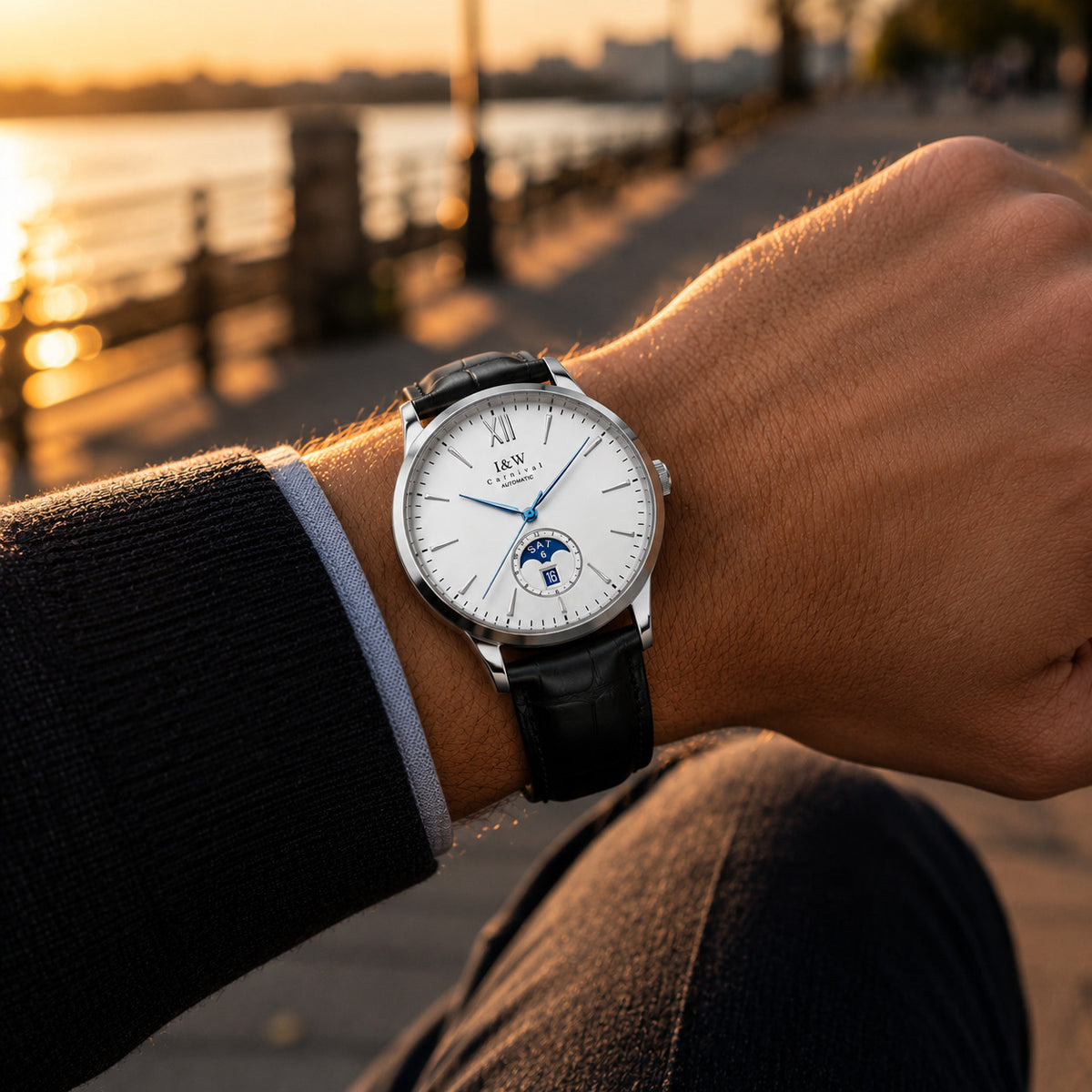 Carnival I&W moonphase automatic watch, white dial, black leather strap, worn on wrist at golden hour on a waterfront boardwalk