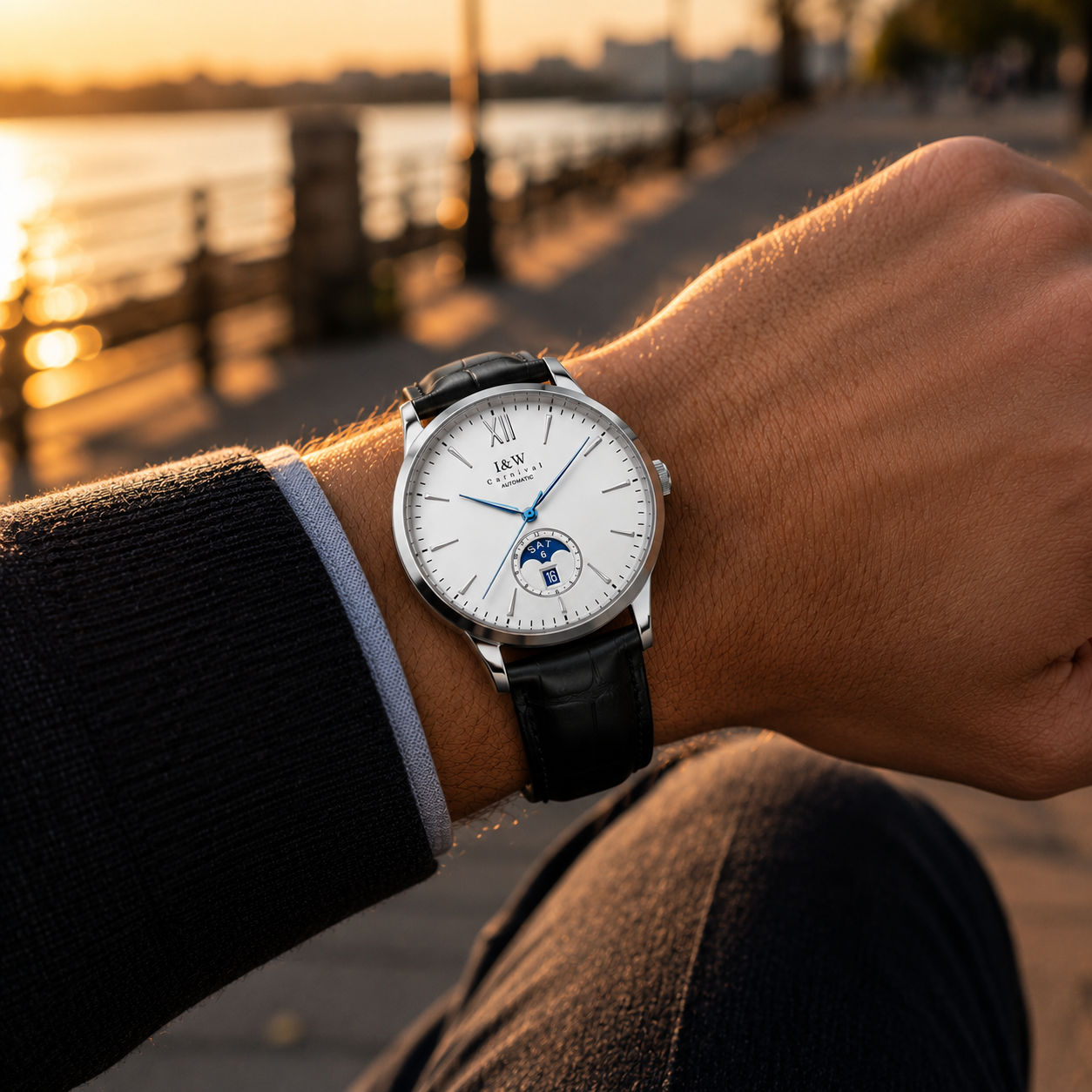 Carnival I&W moonphase automatic watch, white dial, black leather strap, worn on wrist at golden hour on a waterfront boardwalk