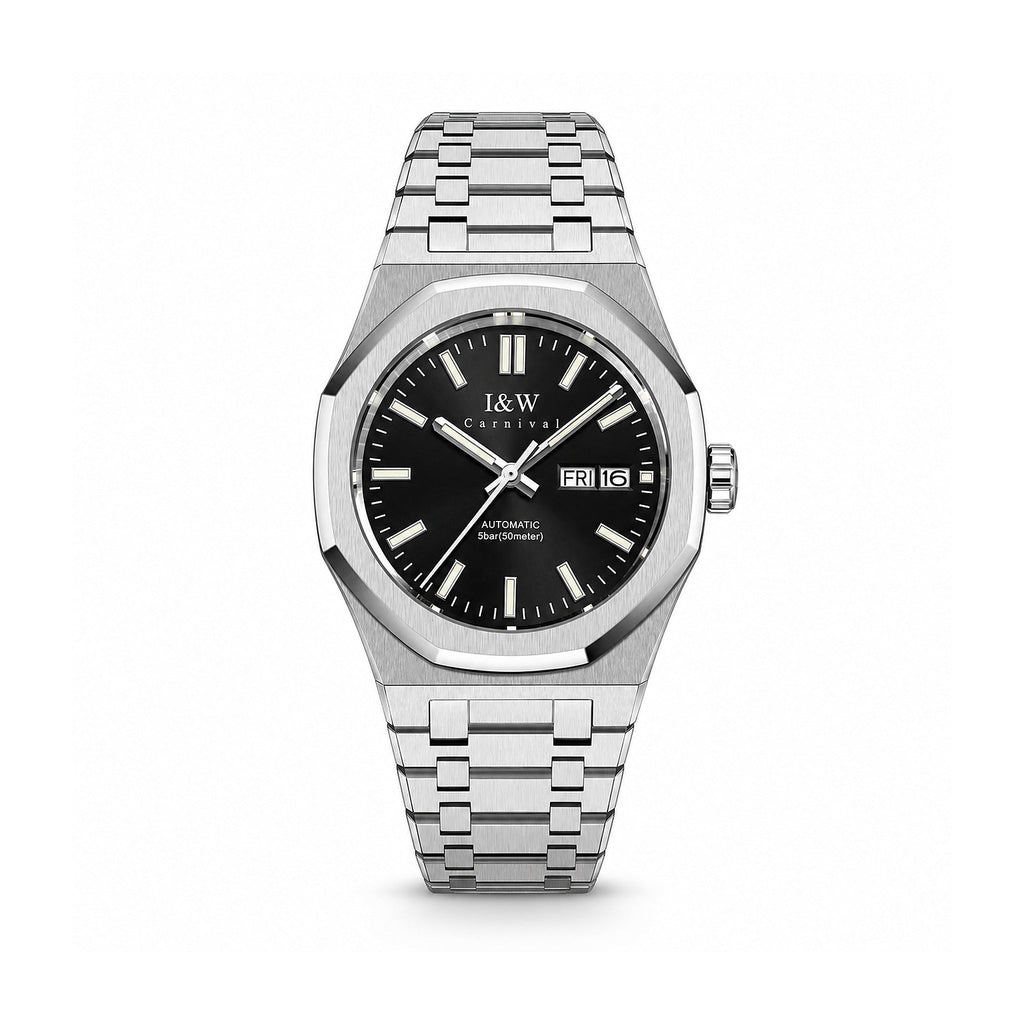 Carnival black-dial automatic watch with an integrated steel bracelet