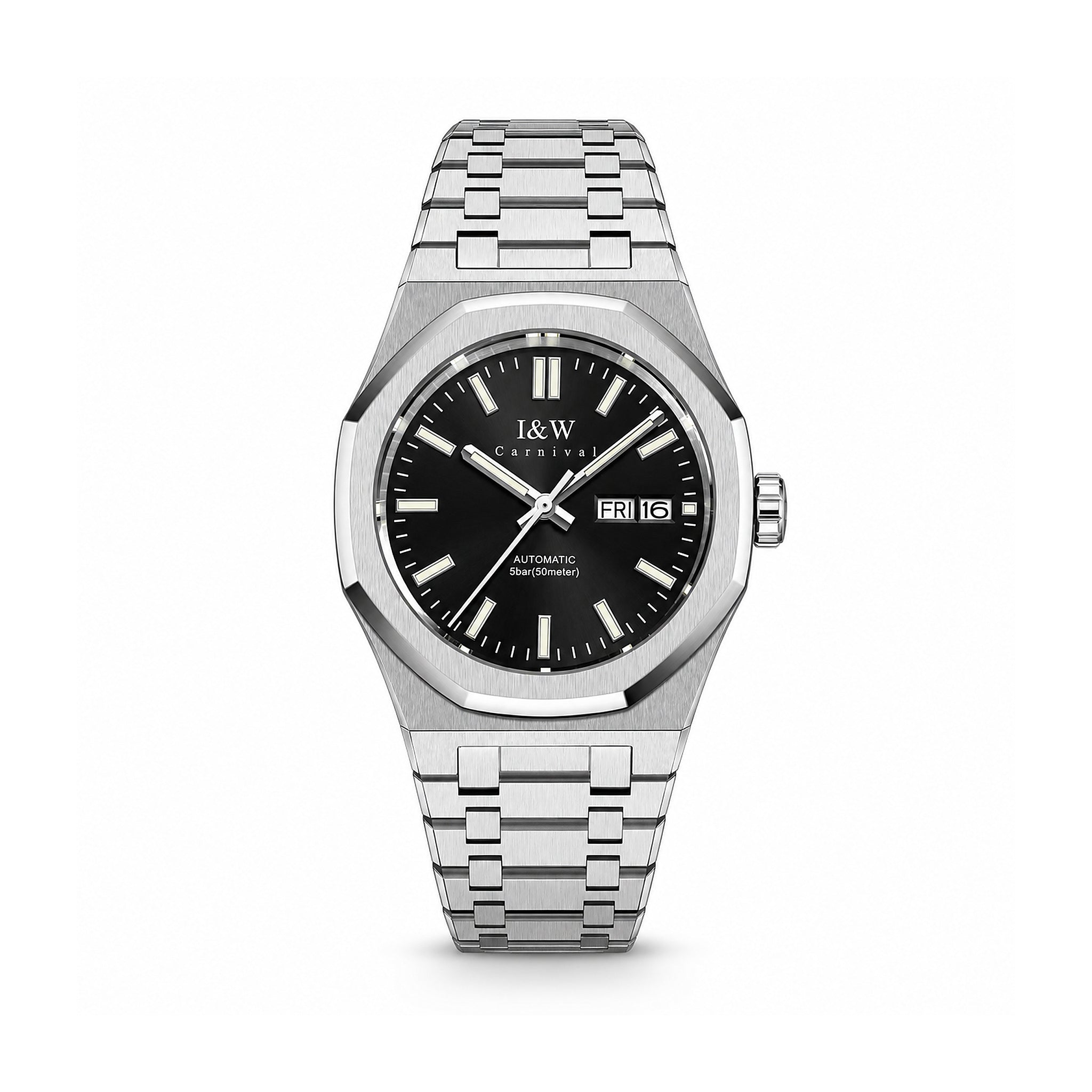 Carnival black-dial automatic watch with an integrated steel bracelet