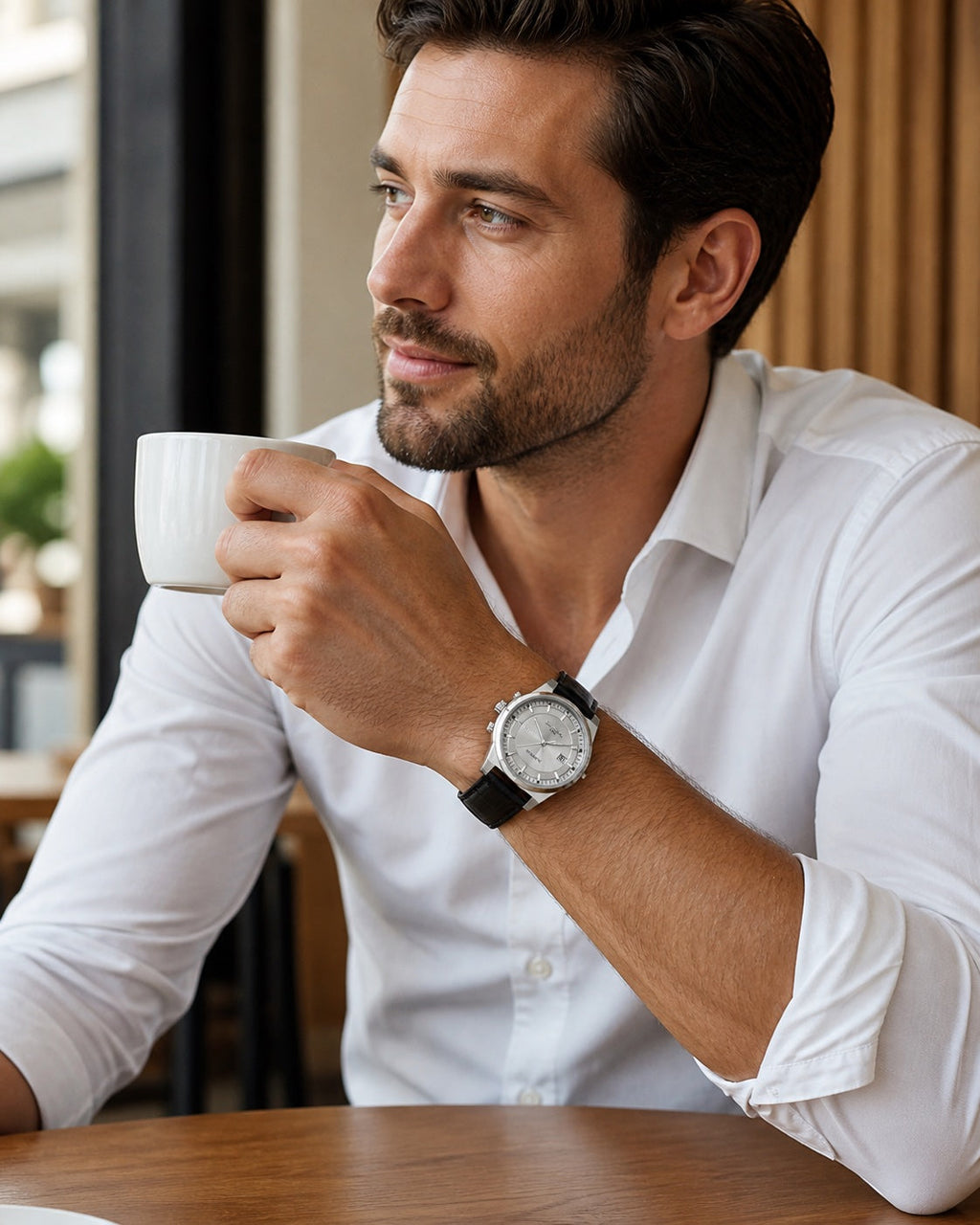 Man wearing Carnival CG8092G automatic watch with silver sunburst dial and black leather strap while holding a coffee cup