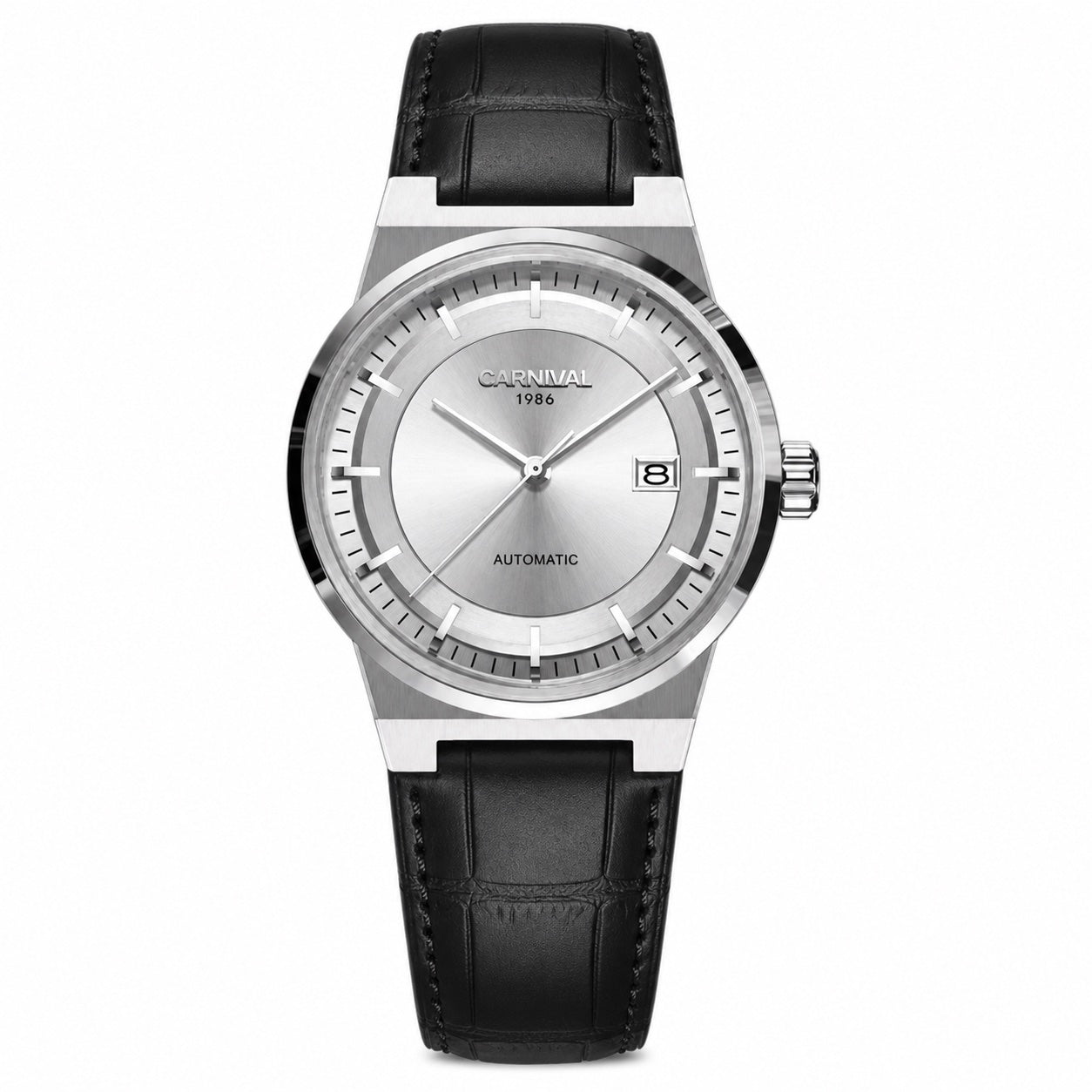 Carnival CG8092G automatic watch with silver sunburst dial and black leather strap on white