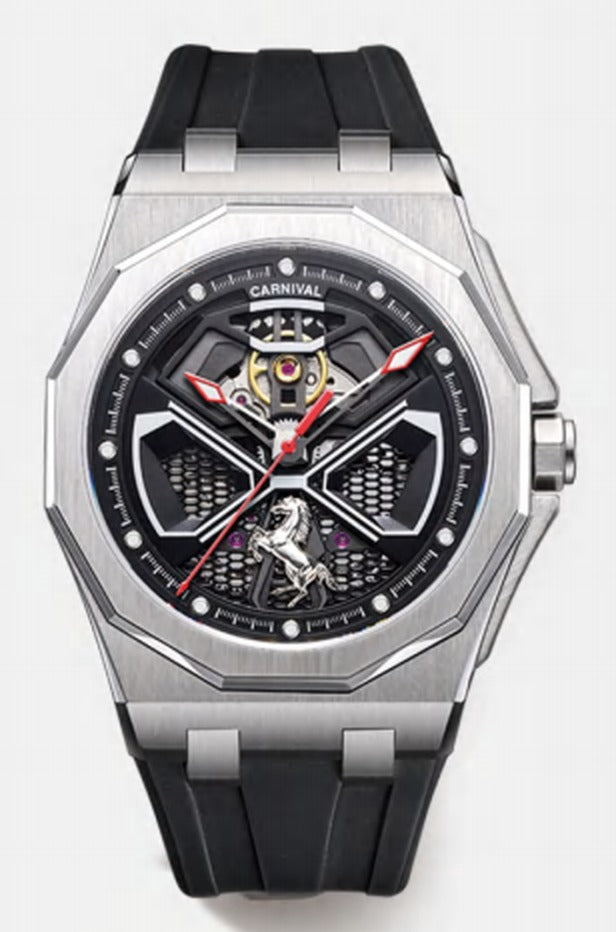 Carnival Octagon Skeleton Automatic Watch, Rubber Strap