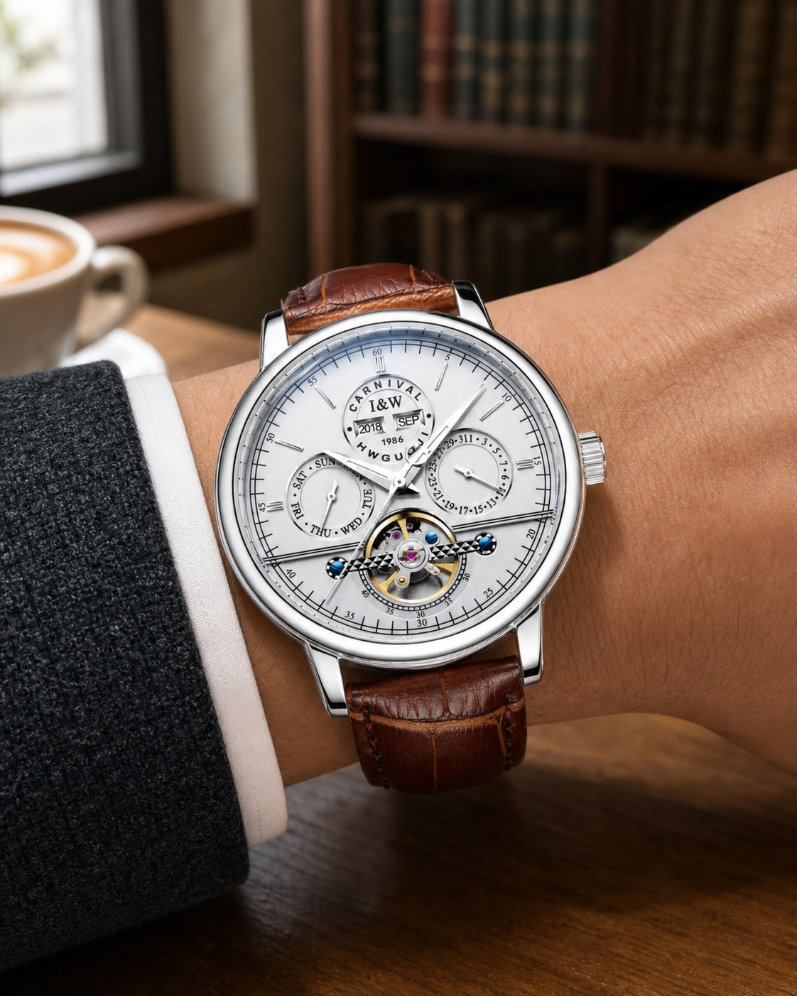 Carnival CG8724G white-dial open-heart automatic watch on brown leather, worn in a library café