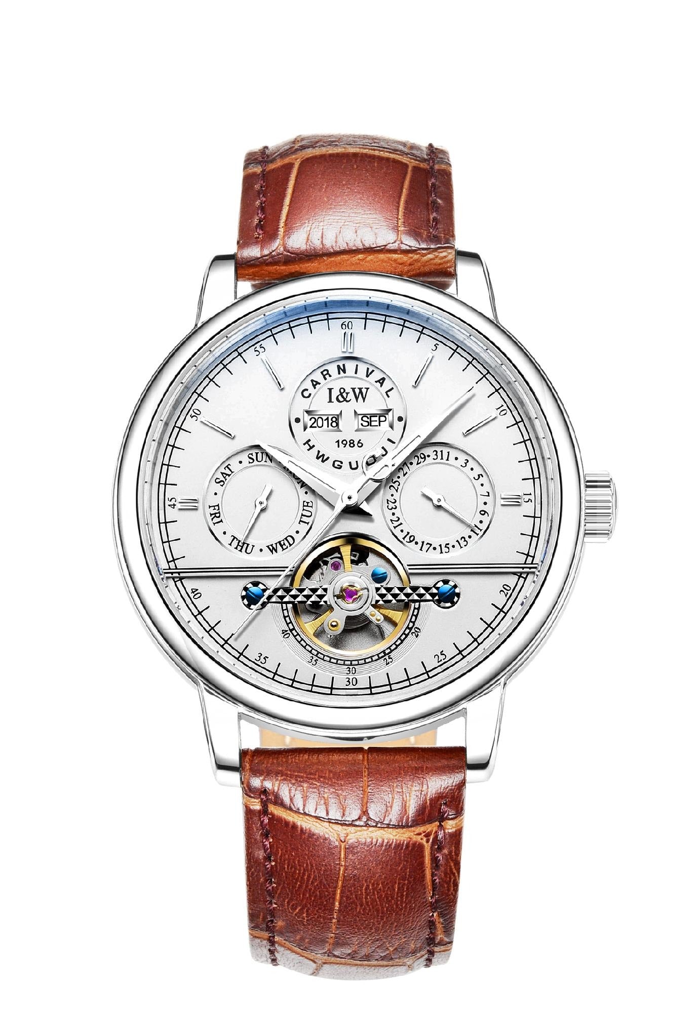 Carnival Open-Heart Automatic Watch, Brown Leather