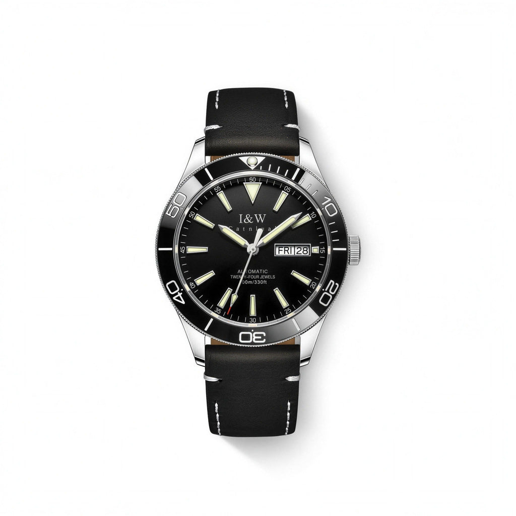 Carnival day-date automatic watch, black dial, black leather strap