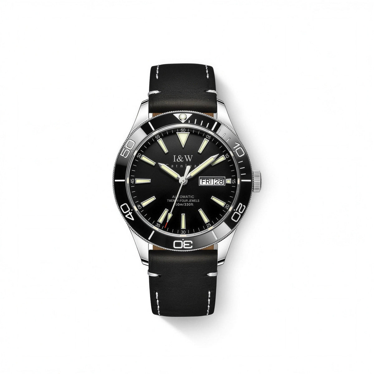 Carnival day-date automatic watch, black dial, black leather strap