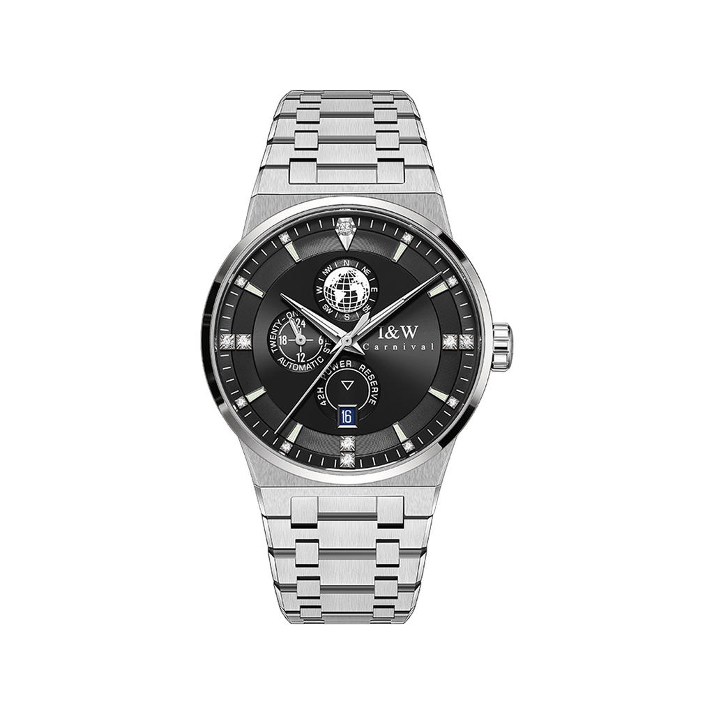 Carnival black-dial automatic watch with globe display and steel bracelet on a pure white background