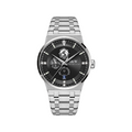 Carnival black-dial automatic watch with globe display and steel bracelet on a pure white background