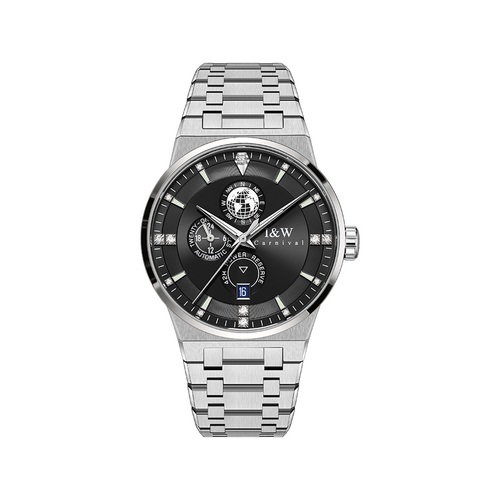 Carnival black-dial automatic watch with globe display and steel bracelet on a pure white background
