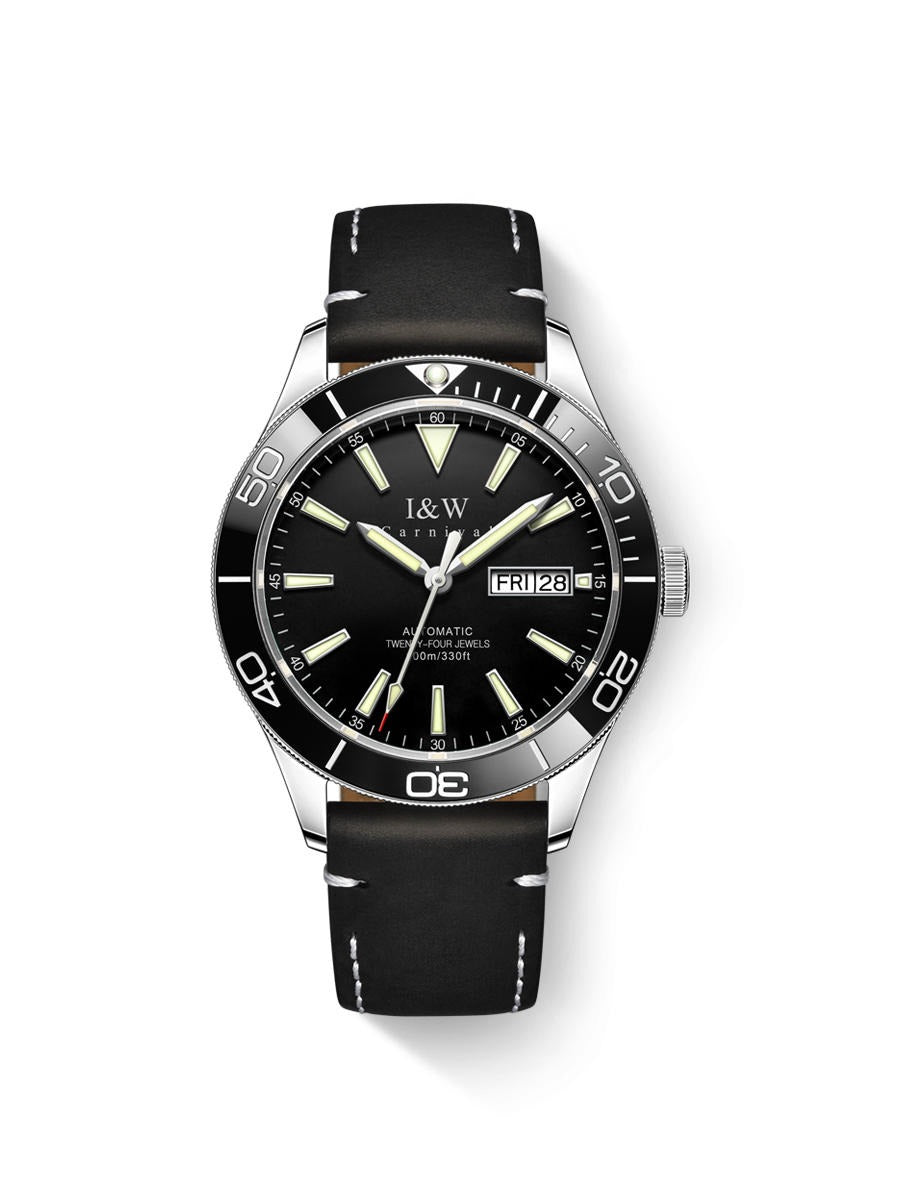 Carnival Day-Date Automatic Watch, Black Leather