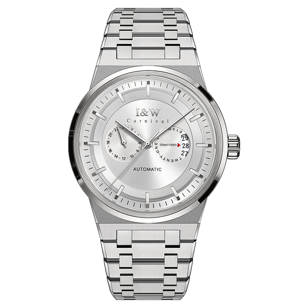 Carnival I&W IW.55870G automatic watch, white dial, 24-hour sub-dial, date at 3, stainless steel bracelet, front view on white
