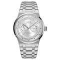 Carnival I&W IW.55870G automatic watch, white dial, 24-hour sub-dial, date at 3, stainless steel bracelet, front view on white