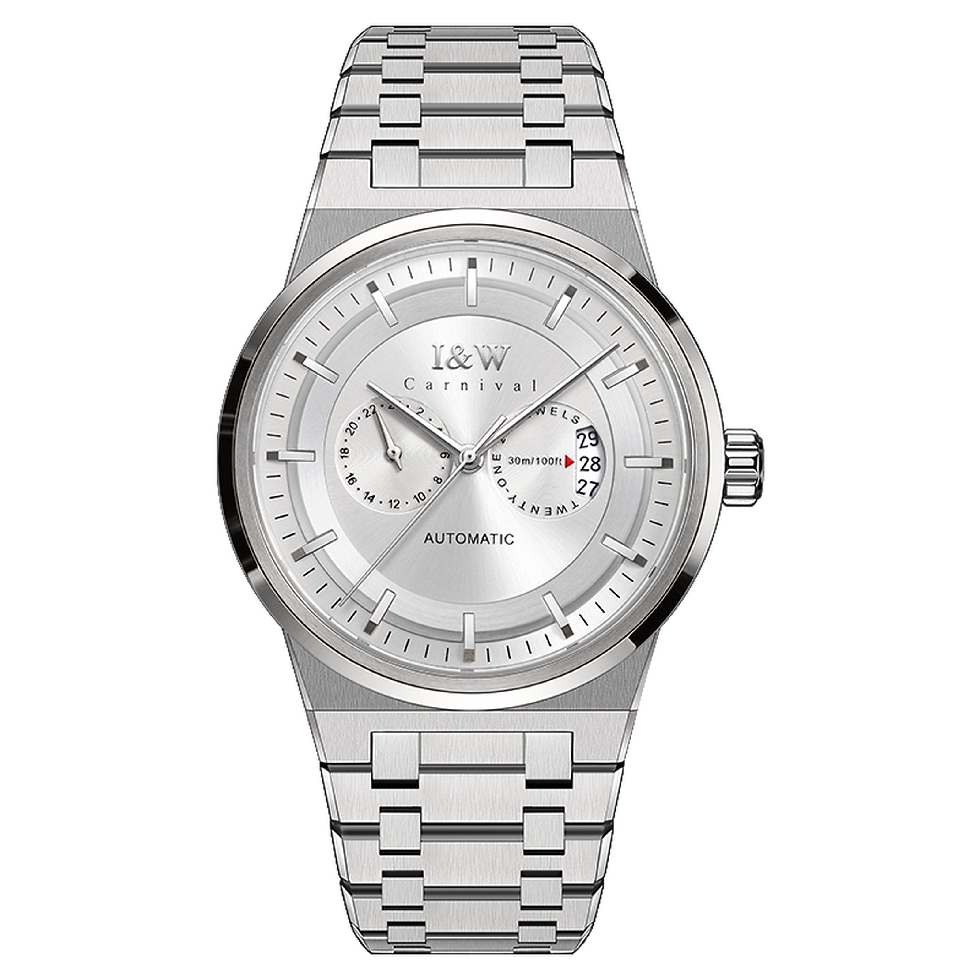 Carnival I&W IW.55870G automatic watch, white dial, 24-hour sub-dial, date at 3, stainless steel bracelet, front view on white