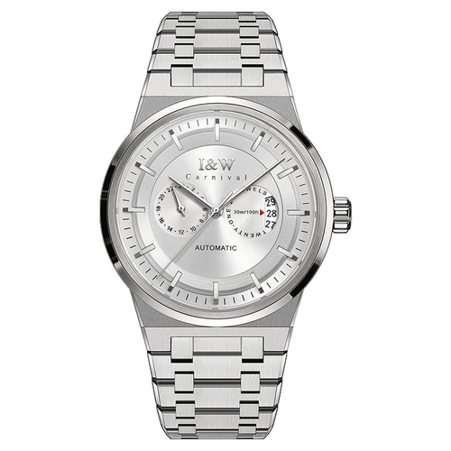 Carnival I&W IW.55870G automatic watch, white dial, 24-hour sub-dial, date at 3, stainless steel bracelet, front view on white