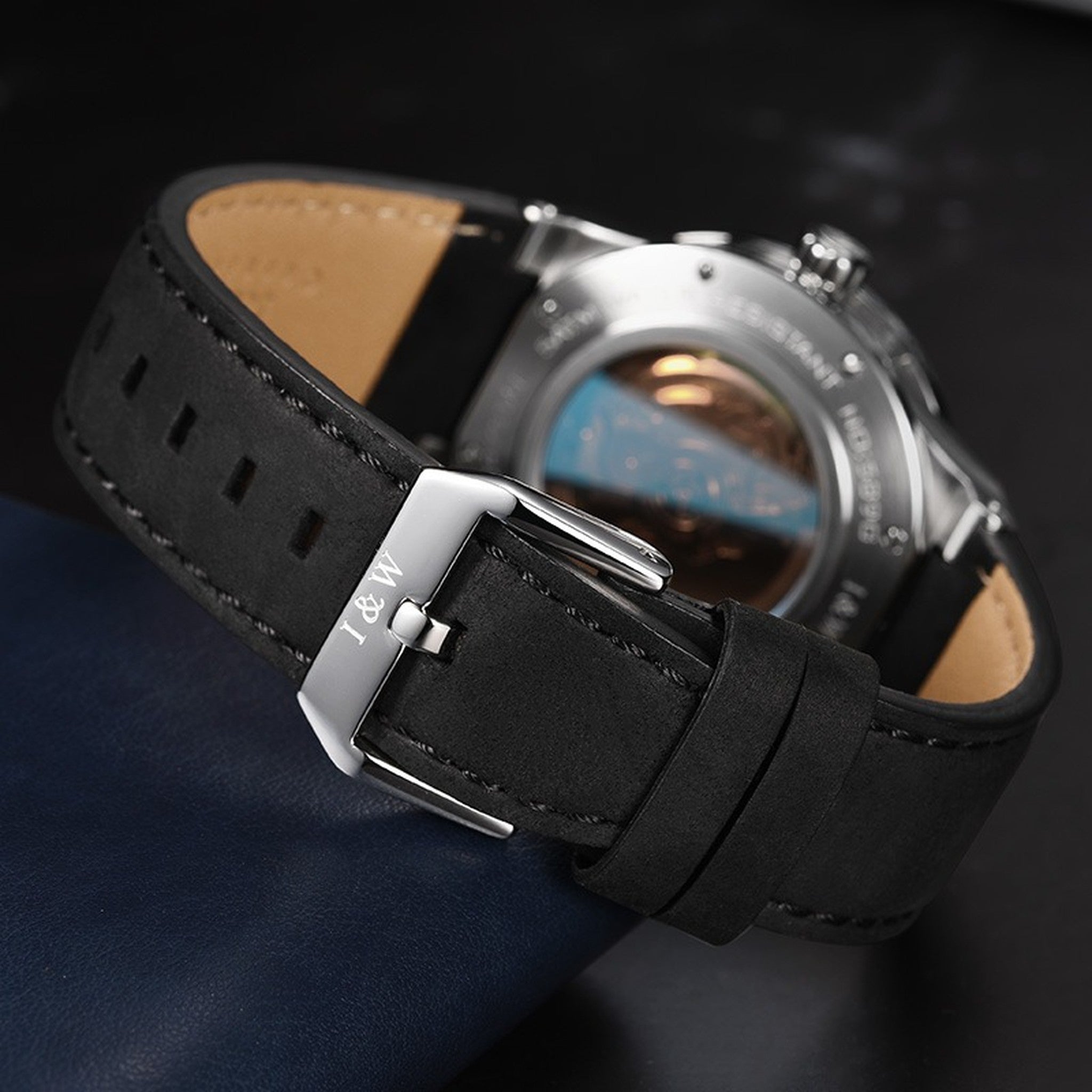 Carnival IW589G blue automatic watch dial and leather strap