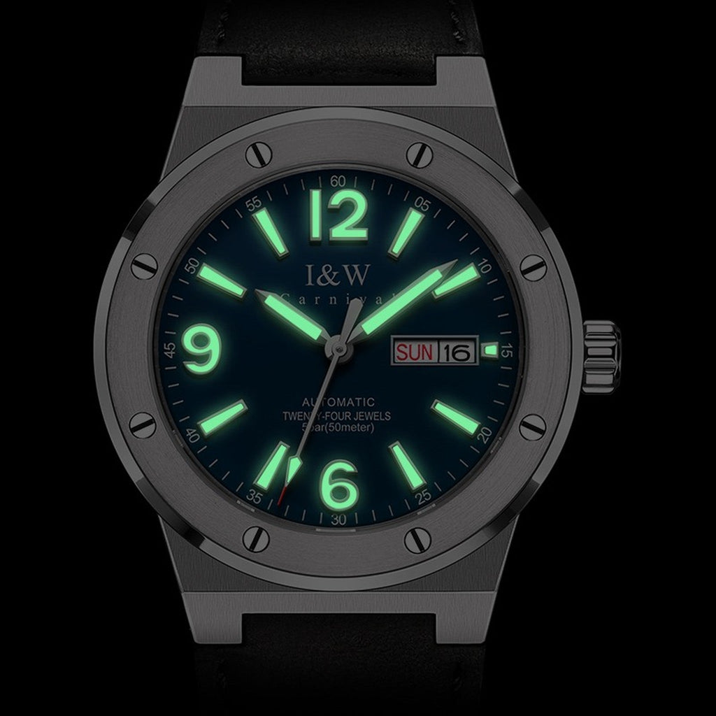 Carnival IW589G blue automatic watch case and strap detail