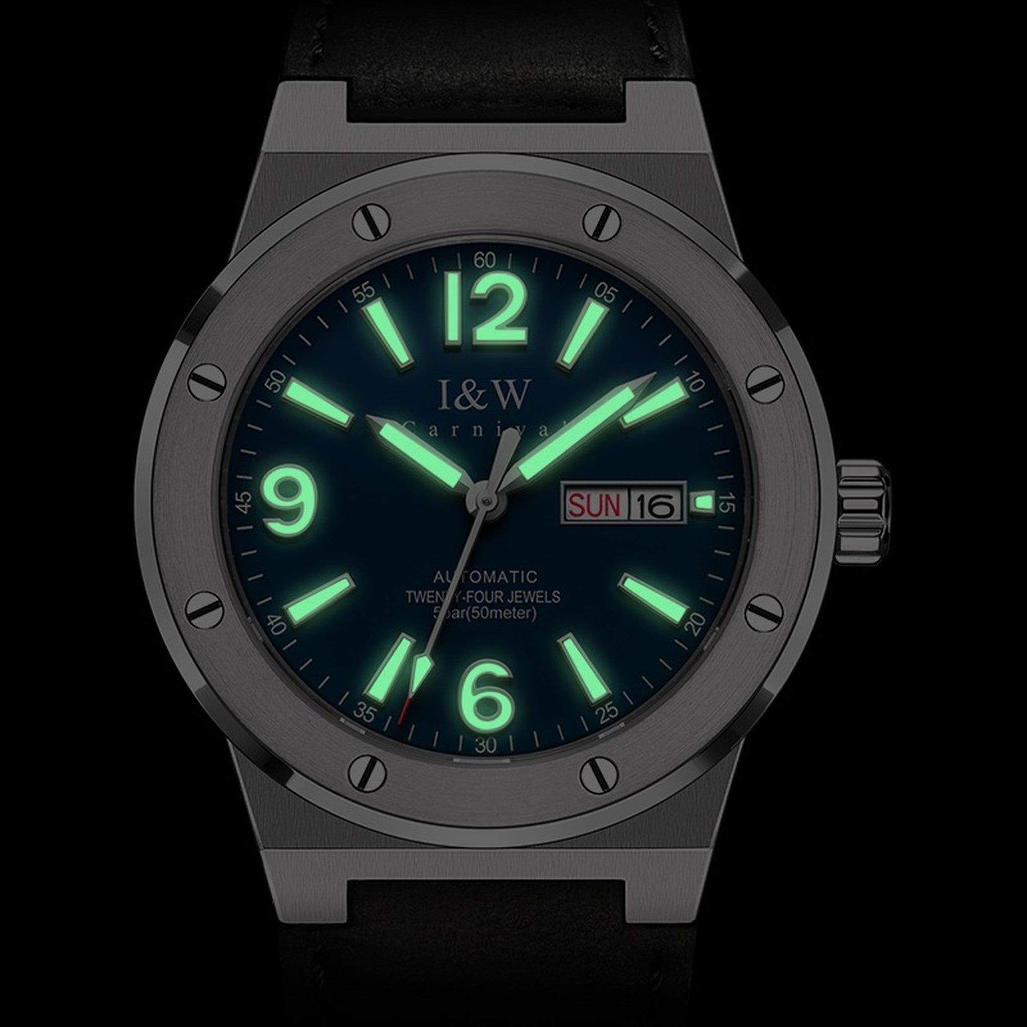 Carnival IW589G blue automatic watch case and strap detail
