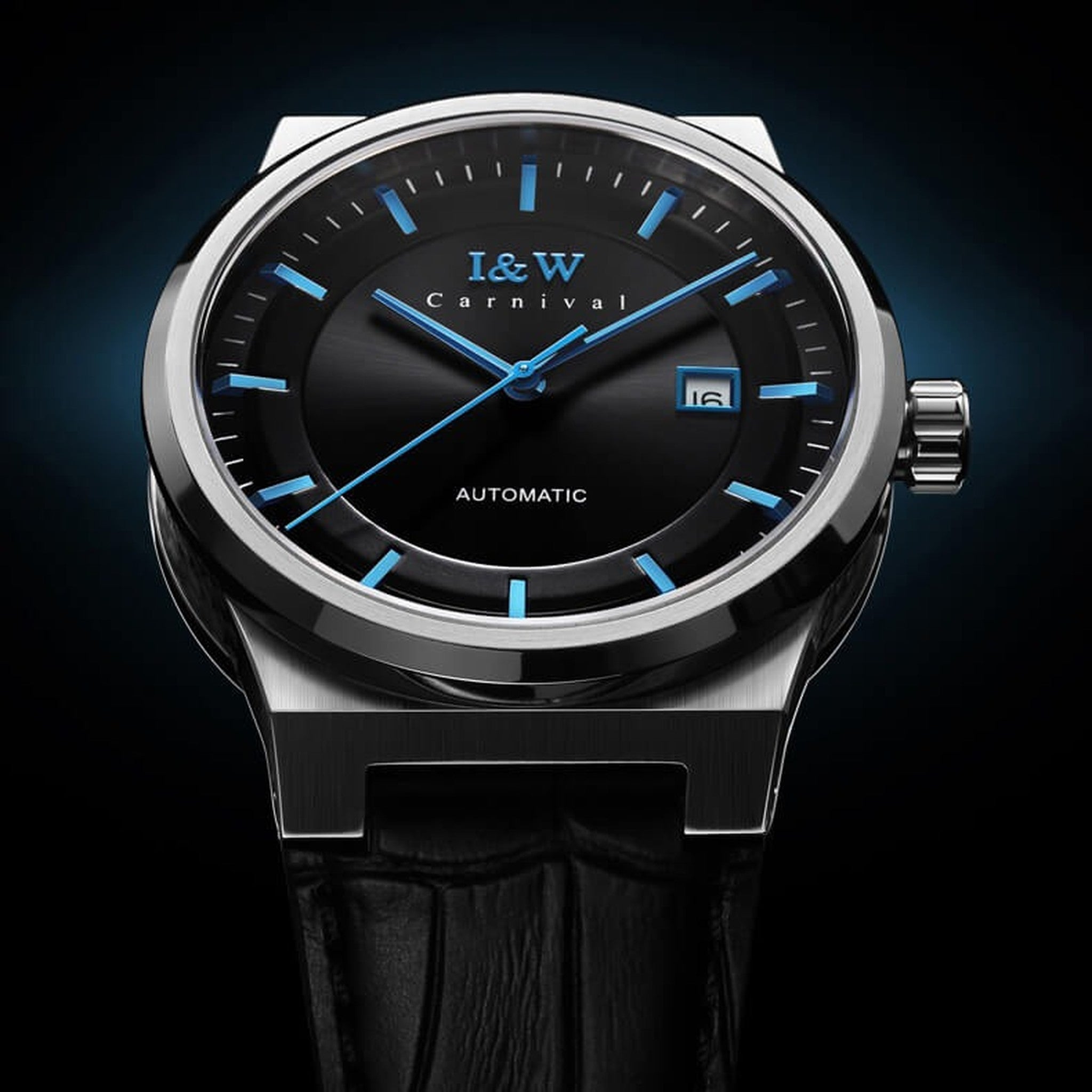 Carnival IW612G black dial with blue hands, front supplier detail