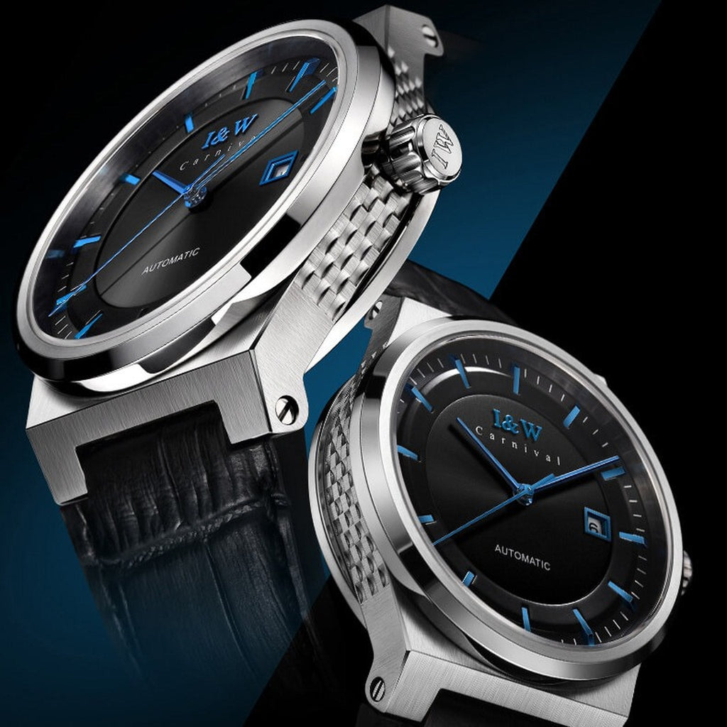 Carnival IW612G black dial blue hands automatic watch, angled supplier view