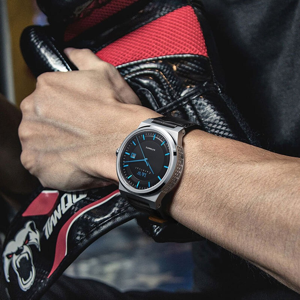 Carnival IW612G black dial blue hands watch worn in motorcycle scene